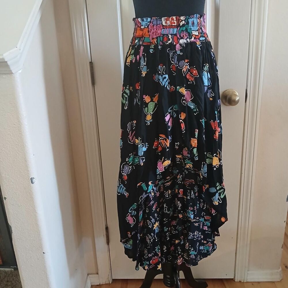 VTG Retro Multicolor Abstract Beachy Print Double Layer High Low Midi Skirt S
